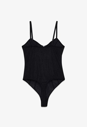 Schwarzes Spitzenbodysuit mit verstellbaren Spaghettiträgern und einem runden Ausschnitt, entworfen für eine enganliegende Passform und eine glatte Silhouette.
