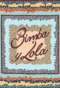 Farebný vzorový dizajn s textom „Bimba y Lola“ v centrálnej béžovej oblasti. Okolo sú vzory textúrované rôznymi farbami a tvarmi.