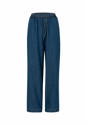 Losse donkerblauwe spijkerbroek met elastische tailleband en trekkoord, voornaaddetails en rechte pijpen.