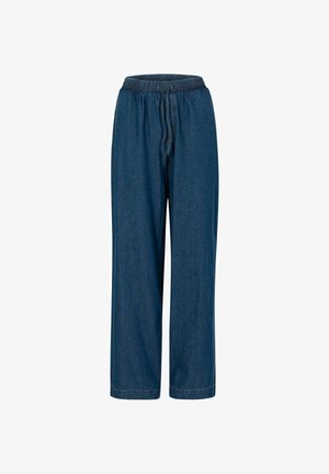 Losse donkerblauwe spijkerbroek met elastische tailleband en trekkoord, voornaaddetails en rechte pijpen.