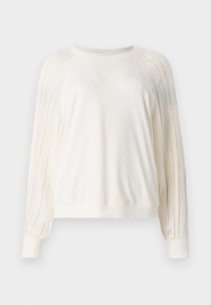 Hvid pullover sweatshirts med plisserede lange ærmer, en rund halsudskæring og ribbede manchetter. Blødt, struktureret stof med en afslappet pasform.