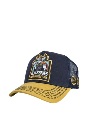 Marineblaue und senfgelbe Baseballkappe mit einem Wikinger, der einen Hammer hält, und dem Text "Blackskies Born in the Storm" auf dem Vorderteil.