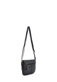 Sort læder crossbody taske med justerbar rem, lynlåslukning i toppen, frontlomme og prægede mærkelogo. Glat tekstur, kompakt design.
