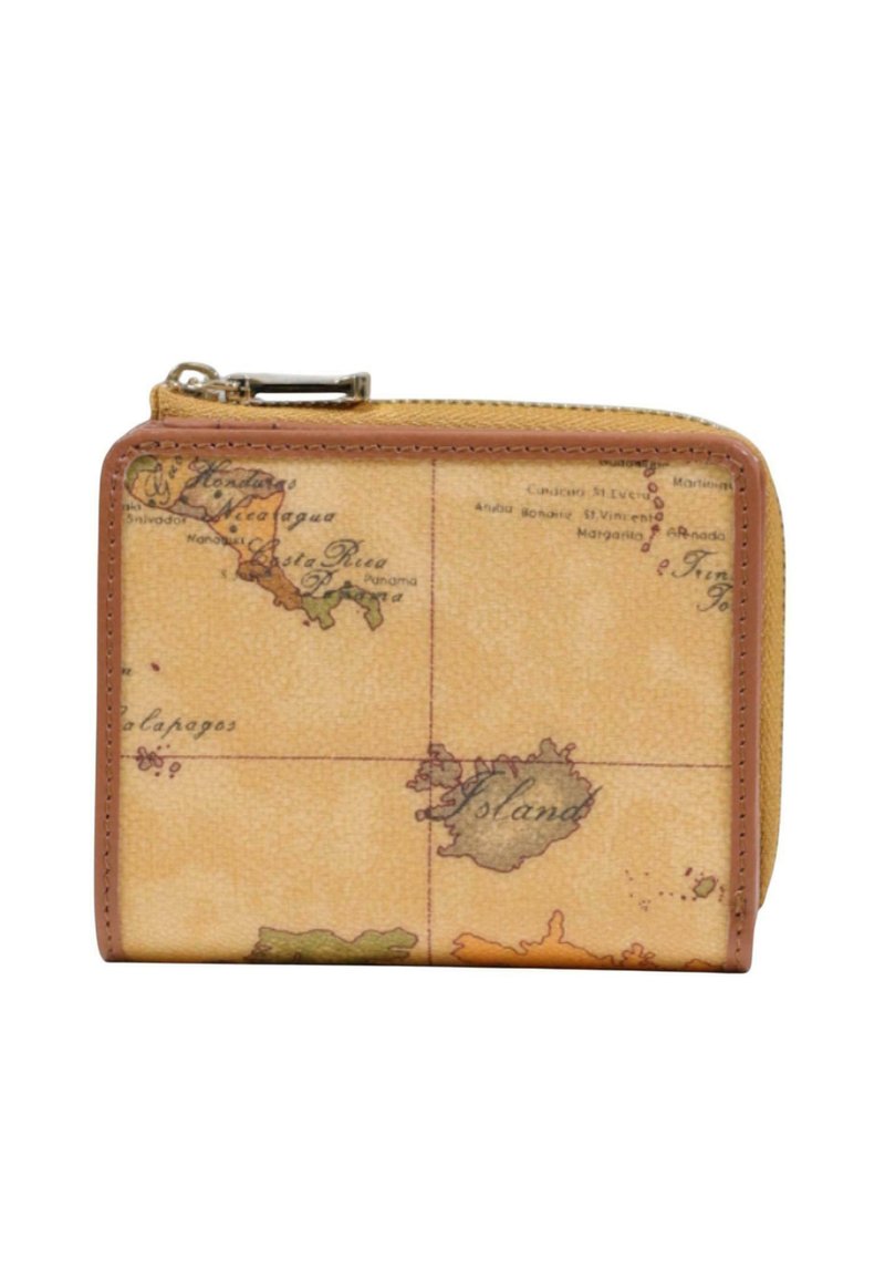 Portafoglio marrone con zip caratterizzato da un design di una mappa del mondo vintage, con accenti beige e verdi opachi, superficie texturizzata e rifiniture in pelle.