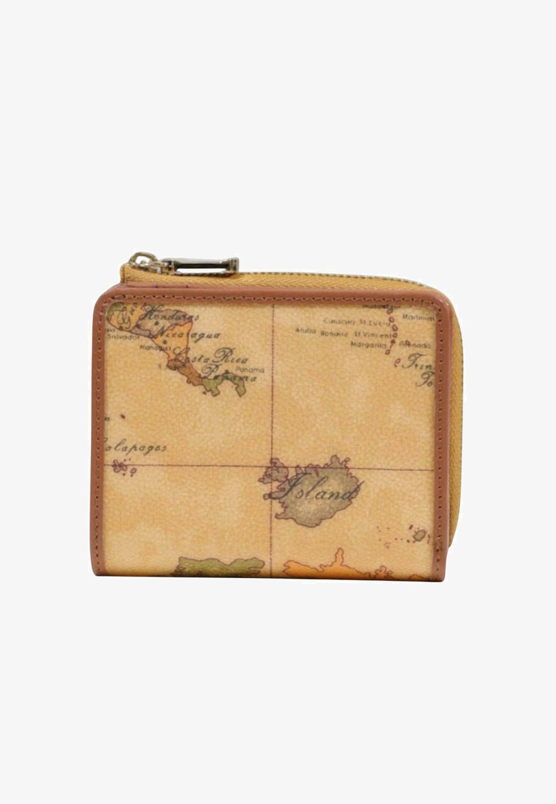 Portafoglio marrone con zip caratterizzato da un design di una mappa del mondo vintage, con accenti beige e verdi opachi, superficie texturizzata e rifiniture in pelle.