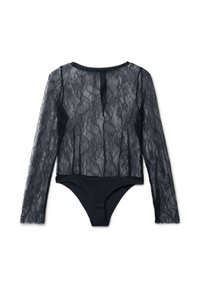 Body a maniche lunghe nero con sovrapposizione in pizzo trasparente e parte inferiore nera opaca. Presenta delicati motivi in pizzo e una chiusura con bottone sul retro.