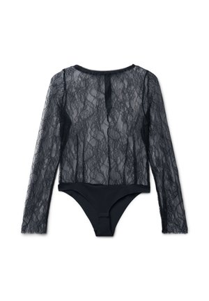 Body a maniche lunghe nero con sovrapposizione in pizzo trasparente e parte inferiore nera opaca. Presenta delicati motivi in pizzo e una chiusura con bottone sul retro.