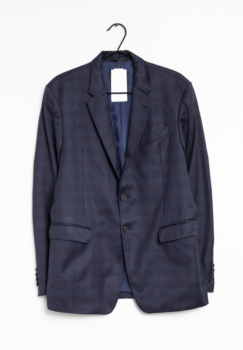 Blazer a quadri blu navy realizzato in tessuto liscio, dotato di rever a punta, due tasche frontali e chiusura con un bottone. Interno foderato.