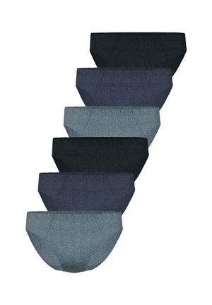 Stapel von sechs Herren-Slips in unterschiedlichen Schattierungen von Dunkel- und Hellgrau und Marineblau, dargestellt vor weißem Hintergrund.