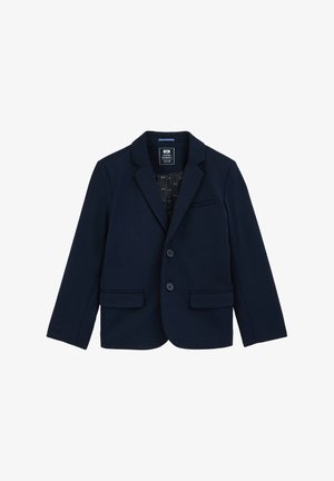 Mornarsko moder blazer z gladko teksturo, dvema sprednjima žepoma, zapiranjem na en gumb in podlogo s vzorcem metuljčkov.