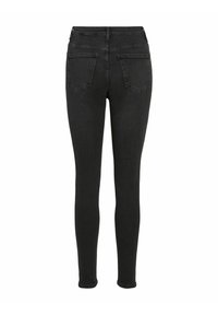 Dunne zwarte jeans gemaakt van denim, met een hoge taille, twee achterzakken en smalle pijpen. De stof heeft een lichte stretch voor comfort.