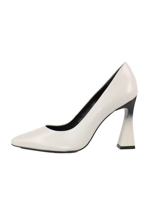White leather high-heeled shoe with pointed toe and flared block heel, shown from the side on a white background.