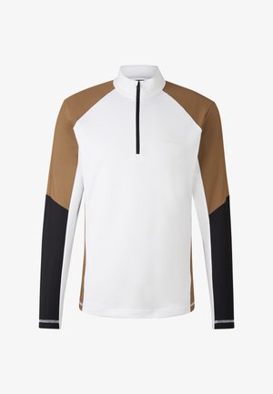 White long-sleeve top with a zip collar; brown and black raglan sleeves; smooth fabric; minimal logo detail on the front.