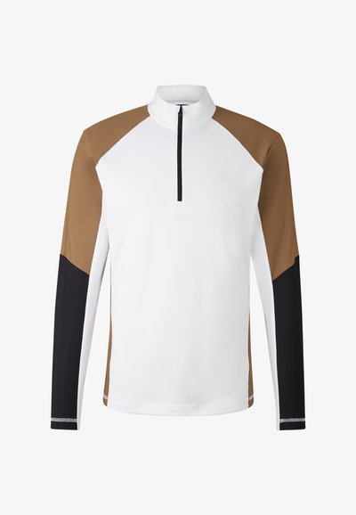 White long-sleeve top with a zip collar; brown and black raglan sleeves; smooth fabric; minimal logo detail on the front.