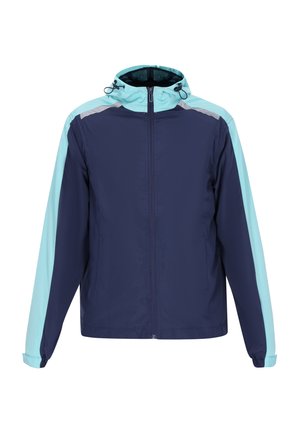 Námornícky modrá a svetlomodrá vetrovka so zipsom na prednej strane, nastaviteľnou kapucňou a elastickými manžetami. Má jednofarebný dizajn a ľahký materiál.