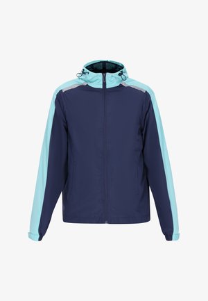 Tumed sinine ja helesinine tuulejakker, millel on lukuga eesmine osa, reguleeritav kapuuts ja elastsed varrukad. Omab ühevärvilist disaini ja kerget materjali.