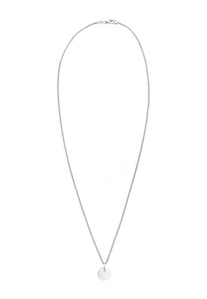 Collier fin en chaîne argentée avec un petit pendentif rond et lisse en argent suspendu au centre.