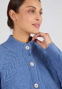 Cardigan lavorato a maglia azzurro chiaro con colletto alto, caratterizzato da un motivo a treccia e tre bottoni color crema sul davanti.