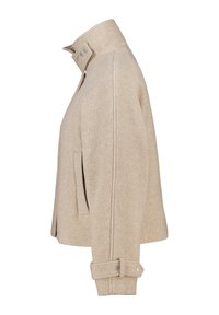 Beige wool jacket featuring a high collar, side pockets, and snap-button details on the cuffs. Textured fabric with a structured design.