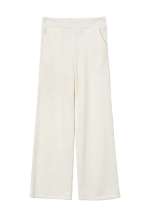 Pantaloni a gamba larga in tessuto beige testurizzato, con una vita elasticizzata e due tasche laterali. Materiale morbido con un aspetto soffice.