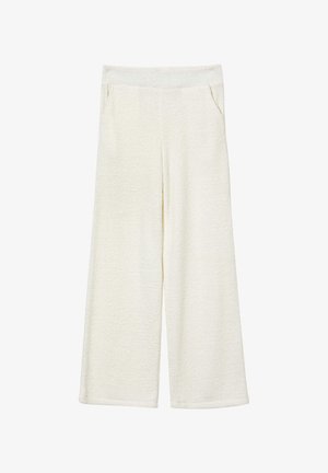 Pantaloni a gamba larga in tessuto beige testurizzato, con una vita elasticizzata e due tasche laterali. Materiale morbido con un aspetto soffice.