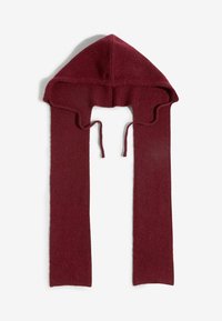 Burgundi värvi kudumissall koos kinnitatud kapuutsiga, millel on pikad sirged otstest ja sidumisnöörid. Materjalil on tekstuuriga sooneline disain.