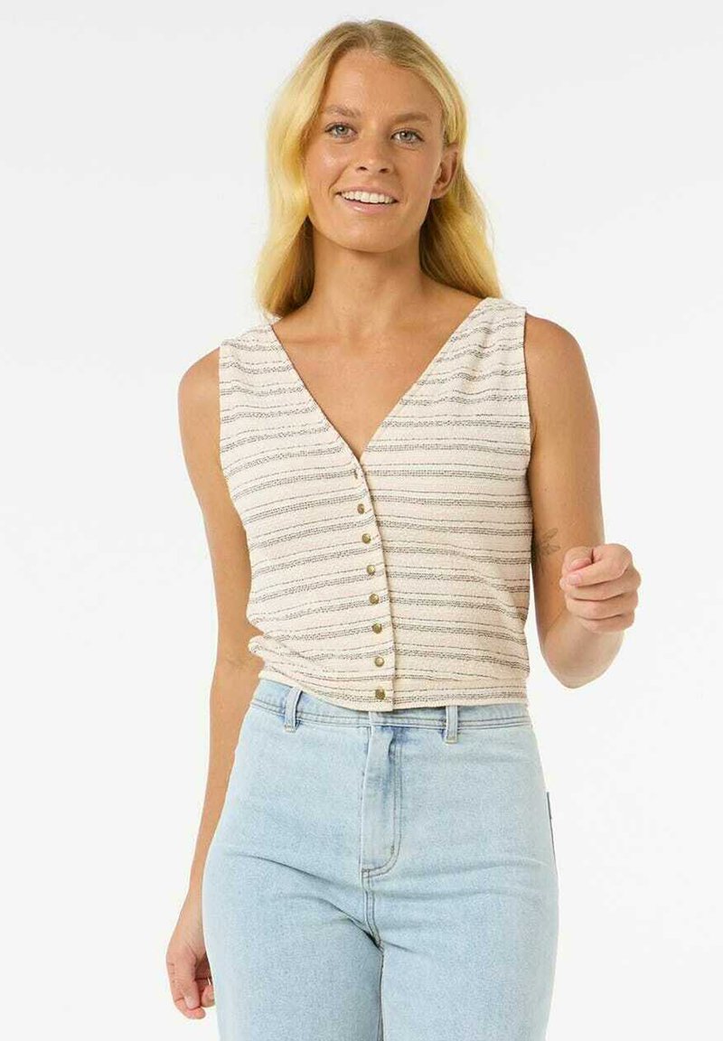 Top sans manches beige clair avec des rayures verticales et un décolleté en V, avec une rangée de boutons dorés sur le devant.