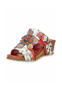 Sandalo con zeppa con suola in sughero, cinturini con motivo floreale, soletta rossa e una grande decorazione a fiore colorata sulla fascia anteriore.