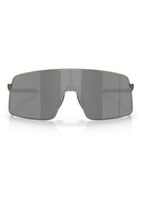 Occhiali da sole con un design minimalista, grandi lenti grigie e un ponte stretto. Montatura elegante con sottili dettagli laterali e finitura opaca.