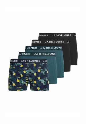 Fem herreboxershorts på række, inklusive to sorte, to grønblå og én mørkeblå med gul ananasprint, alle med sorte linninger mærket "JACK & JONES."