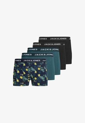 Fem herreboxershorts på række, inklusive to sorte, to grønblå og én mørkeblå med gul ananasprint, alle med sorte linninger mærket "JACK & JONES."