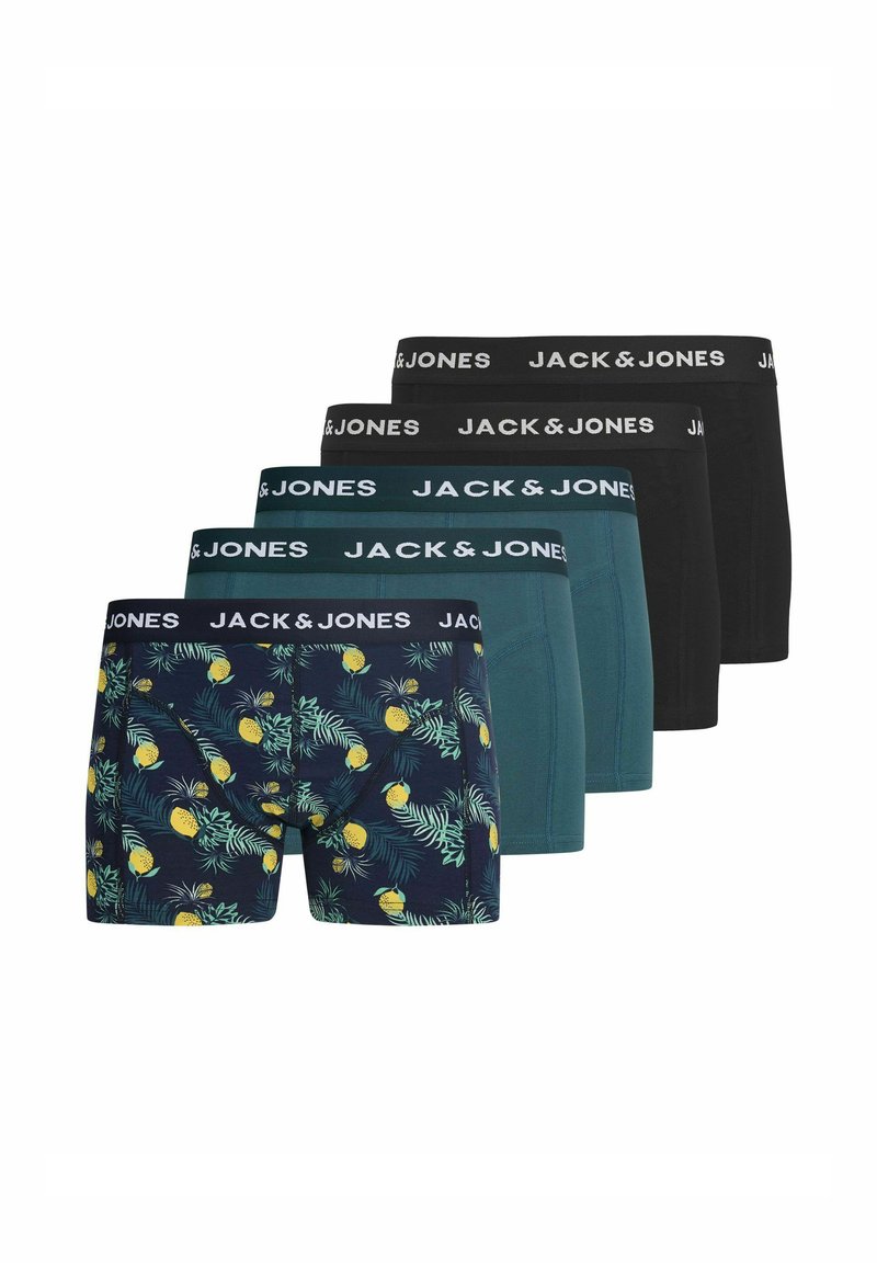 Cinq boxers pour hommes alignés, dont deux noirs, deux bleu sarcelle et un bleu marine avec un imprimé ananas jaune, tous avec des ceintures noires portant l'inscription "JACK & JONES".
