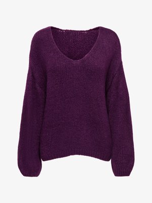Knitted pullover sweater in deep purple, featuring a wide v-neck, loose-fit sleeves, and a textured fabric with ribbed cuffs and hem.