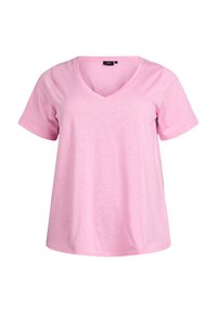Růžové tričko s krátkým rukávem a výstřihem do V. Vyrobeno z měkkého materiálu s volným střihem; má jemnou heather texturu.
