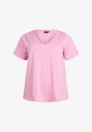 Rosa t-shirt med kort ärm och V-halsdesign. Tillverkad av mjukt material med en avslappnad passform; har en subtil melerad textur.