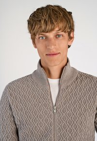 Ljusgrå stickad tröja med diamantmönster, hög krage och dragkedja fram. Bärs över en vit skjorta med strukturell yta.