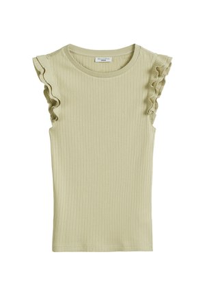 Geribbelde, kortemouwtop in lichtgroen met geplooide details langs de schoudernaden, gemaakt van een elastische stof.