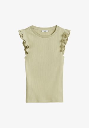 Geribbelde, kortemouwtop in lichtgroen met geplooide details langs de schoudernaden, gemaakt van een elastische stof.