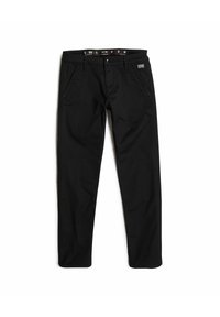Pantalons noirs avec un design à jambe droite, dotés de poches avant, d'une fermeture à bouton et à zip, et d'une étiquette à l'intérieur de la taille.