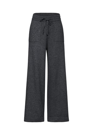 Donkergrijze brede broek gemaakt van zachte stof, met een verstelbare tailleband en twee zijzakken. Gladde textuur met gerolde zomen.
