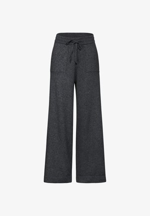 Ciemnoszare spodnie o szerokim kroju wykonane z miękkiego materiału, z elastycznym pasem i dwiema bocznymi kieszeniami. Gładka tekstura z podwiniętymi dołami.