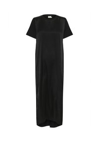Black, short-sleeve dress made of smooth fabric; features a relaxed fit with a longer back hem and subtle side slits for ease of movement.