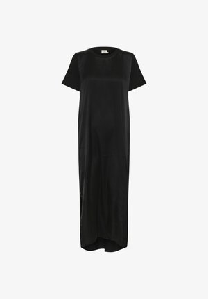 Mustas, lühikeste varrukatega kleit, mis on valmistatud siledast kangast; sellel on lõdva lõikega disain, pikem tagahelk ja peened külgaukud, mis tagavad vabamat liikumist.