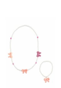Pärlhalsband och armband i set med rosa och lila filtrosetter samt rosa accenter, med en klassisk pärldesign och slät yta.