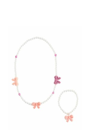 Pärlhalsband och armband i set med rosa och lila filtrosetter samt rosa accenter, med en klassisk pärldesign och slät yta.