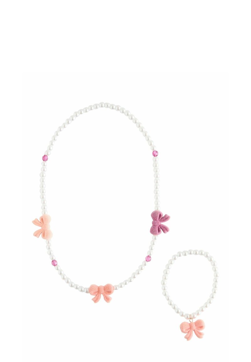 Pärlhalsband och armband i set med rosa och lila filtrosetter samt rosa accenter, med en klassisk pärldesign och slät yta.