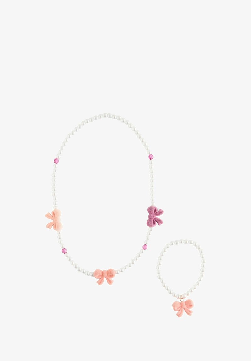 Gyöngy nyaklánc és karkötő szett, rózsaszín és lila filcbow-okkal és rózsaszín díszítésekkel, klasszikus gyöngyös mintával és sima textúrával.