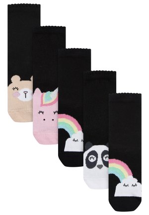 Cinque paia di calzini neri con facce di animali: un orso, un unicorno e un panda; texture morbida; grafiche colorate con arcobaleni; bordi superiori ondulati.