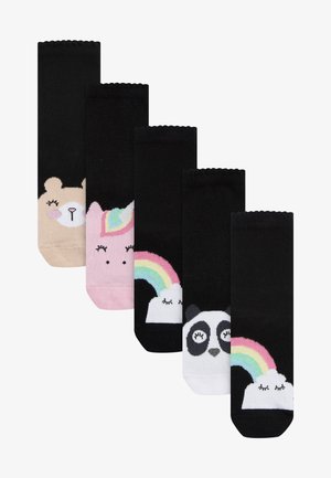 Fünf Paare schwarzer Socken mit Tiergesichtern: ein Bär, ein Einhorn und ein Panda; weiche Textur; bunte Regenbogengrafiken; gezackte obere Kanten.