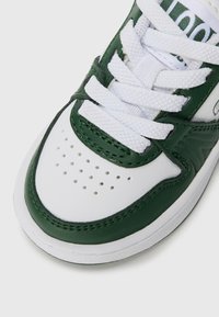 Baskets blanches et vertes avec un bout perforé et des lacets blancs noués en croix sur un fond blanc.